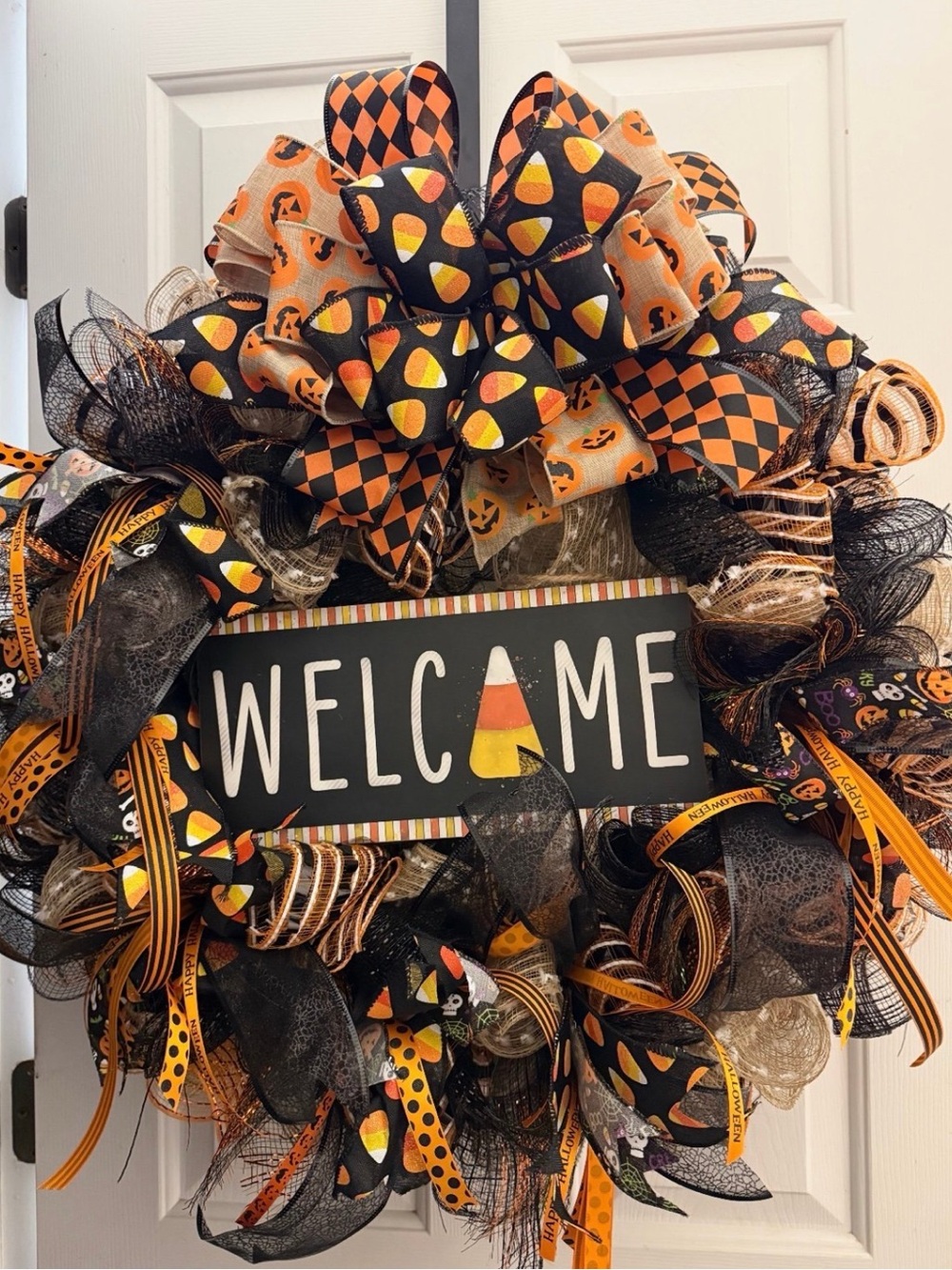 Halloween Welcome Wreath - Orange & Black Decorative Door Accent